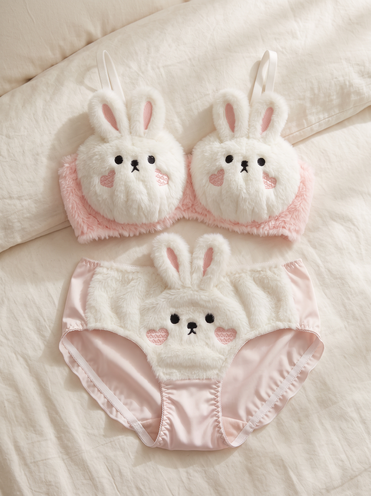 Snow Bunny bra and brief laid flat on cream linen